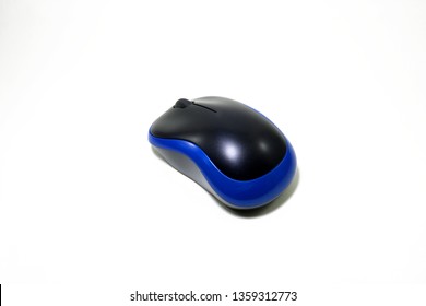 View from the back small wireless mouse with black and blue colors placed on a white background like a single track and clipping patch in side