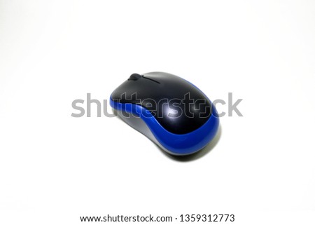 View from the back small wireless mouse with black and blue colors placed on a white background like a single track and clipping patch in side