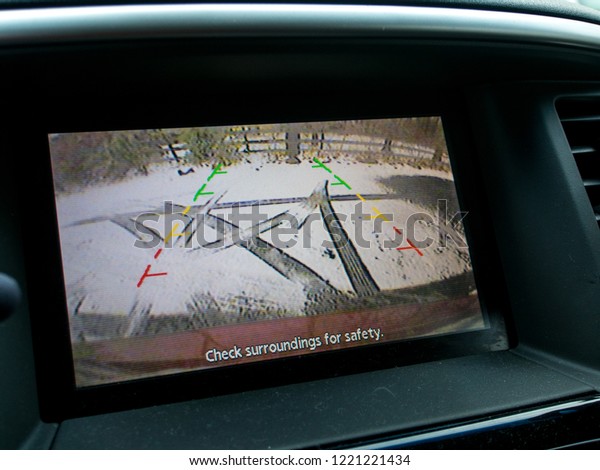 view from the back-up\
camera in the car