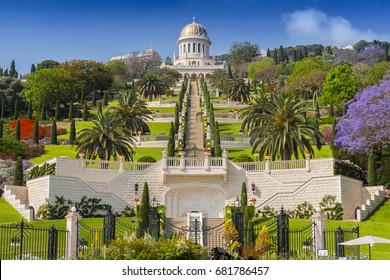 View of Bahai gardens and the Shrine of the Bab on mount Carmel in Haifa, Israel.