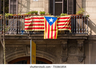 View of the balcony with a flag. Referendum on independence, Barcelona, Catalunya, Spain. Close-up