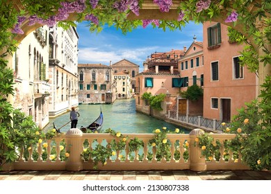 View from the balcony with flowers on the Venice Canal - Shutterstock ID 2130807338
