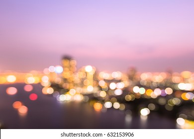 View Of Balcony Party Hotel Rooftop Bar Concept: Blurred Bokeh Night Future Bangkok City Landscape Background. Thailand, Asia