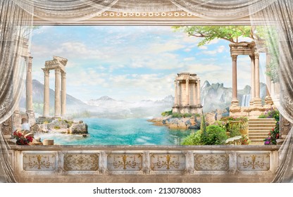 View from the balcony of the ruins in the sea - Shutterstock ID 2130780083