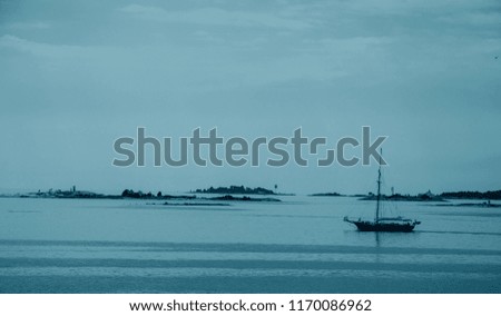 view of the Baltic Sea with islands and sailing ships in the eve