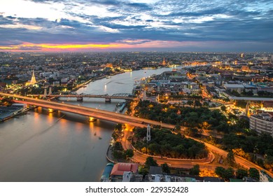 View Of Bangkok City Along Chao Phraya River