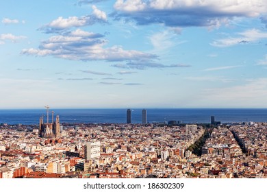 View Of Barcelona From Park Guel On A Sunset