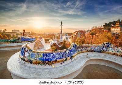 View of Barcelona from the park at sunrise - Shutterstock ID 734963035