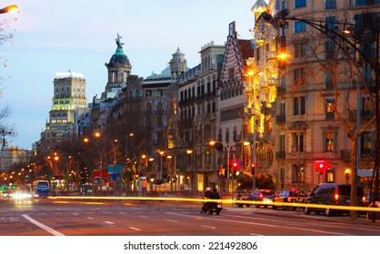 View Of Barcelona, Spain.   Passeig De Gracia In Winter Sunset