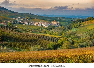 View of Barolo town (Piedmont, Italy) panorama, the medieval castle and the vineyards. Barolo is the main village of the Langhe wine region