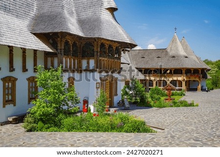 View of Barsana Wooden Monastery site in Maramures County, Romania.