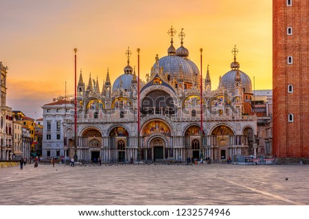 View of Basilica di San Marco and on piazza San Marco in Venice, Italy. Architecture and landmark of Venice. Sunrise cityscape of Venice.