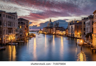 View to the Basilica di Santa Maria della Salute and the Canale Grande in Venice, Italy, during sunrise
