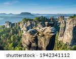 View to the Bastei Bridge and Rock Formations in the Elbe River Valley, Saxon Switzerland National Park, Germany