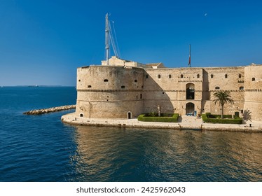 View at the Bastion and Wall of Aragon Catle at coast of Ionian Sea in Taranto - Italy