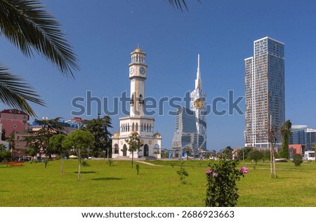 View of Batumi Piazza clock tower and modern skyscrapers in Batumi Georgia