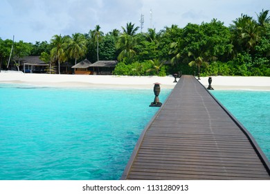 View Of A Beach In Baa Atoll, Maldives From A Pier. 