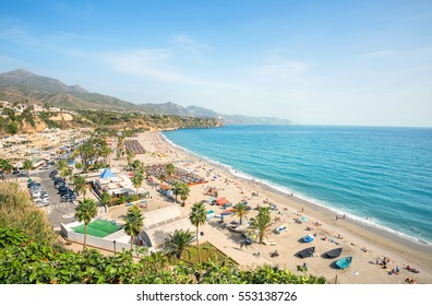View of beach in Nerja. Malaga province, Costa del Sol, Andalusia, Spain  