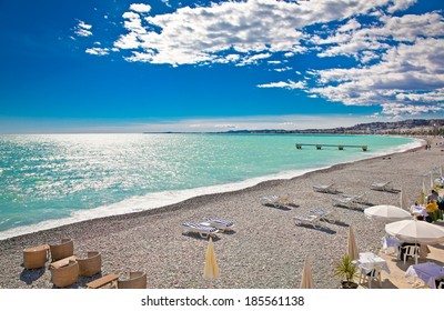 View Of The Beach In Nice, Near The Promenade Des Anglais, On Summer Hot Day, France.