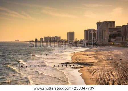 View of the beach and skyline from The Pier Shops at Caesars in Atlantic City, New Jersey.