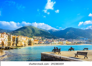 view of beach town of Cefalu in Sicily, Italy.