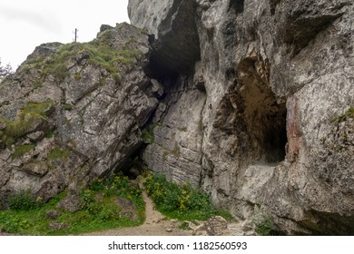 View of Bear's cave entrance, near Tatarului Gorges,  Bucegi mountains, Romania,  Bucegi national park
