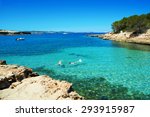 a view of the beautiful Cala Gracioneta beach in San Antonio de Portmany, in Ibiza Island, Balearic Islands, Spain