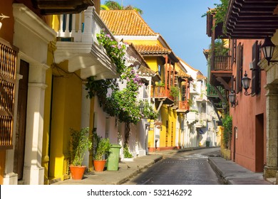 View of a beautiful colonial street in Cartagena, Colombia