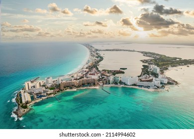 View of beautiful Hotels in the hotel zone of Cancun at sunset. Riviera Maya region in Quintana roo on Yucatan Peninsula