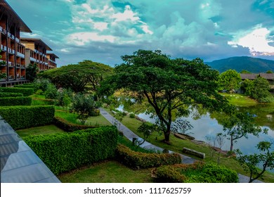 View Beautiful Lake View With Mountain In Hotel At Khaoyai, Thailand. Relax Time