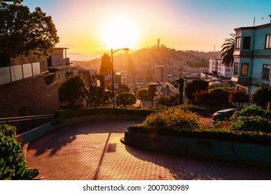 View of the beautiful Lombard Street during sunset. San Francisco, USA - 21 Apr 2021