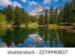 View of a beautiful mountain lake. Mountain lake water reflection