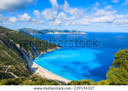 View of beautiful Myrtos bay and idyllic beach on Kefalonia island, Greece 