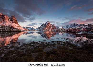 View of beautiful Reine village in winter time with montains in background with light of sunrise. Lofoten, Norway.