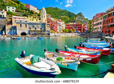 View of the beautiful seaside of Vernazza village in summer in the Cinque Terre area, Italy.