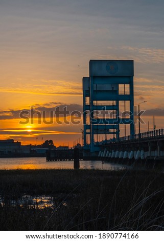 View of a beautiful sunset in background of Mare Island in Vallejo, Ca. , Solano county seen from the marina