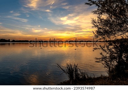 View of a beautiful sunset from the shore of lake Zoetermeerse Plas, Netherlands Imagine de stoc © 