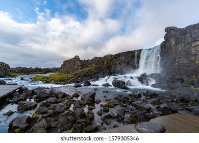 View of beautiful Öxarárfoss waterfall, located in Þingvellir National Park, Iceland. 
