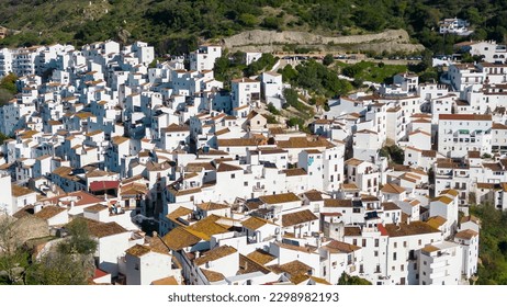 view of the beautiful white village of Casares in the province of Malaga, Spain.