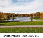 View of beaver lake - lac aux castors - during autumn in a sunny day at Mount Royal (Mont Royal), Montreal, Canada.