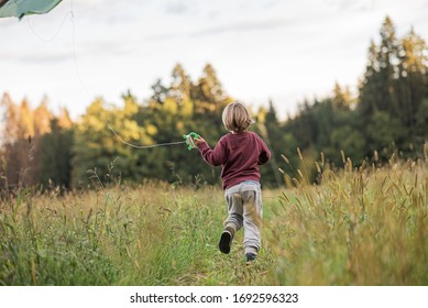 View From Behind Of A Little Boy Running Through Beautiful Autumn Meadow Flying A Kite. 