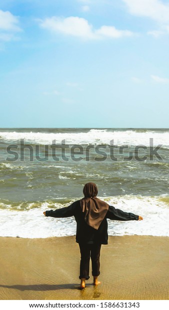 View Behind Malay Girl Hijab Put Stock Photo Edit Now 1586631343