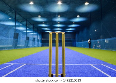 view from behind the wicket of an indoor cricket stadium - Shutterstock ID 1492210013