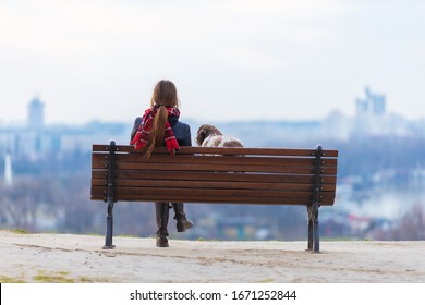 view from behind of a woman and her dog sitting on the bench