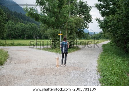 View from behind of a young woman with her dog standing at a crossing of trails in beautiful green summer nature, deciding which way to go.