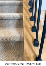 A view of beige carpeted steps bordered by natural wood and vertical black iron spindles. Great for showcasing staircase materials and residential design.