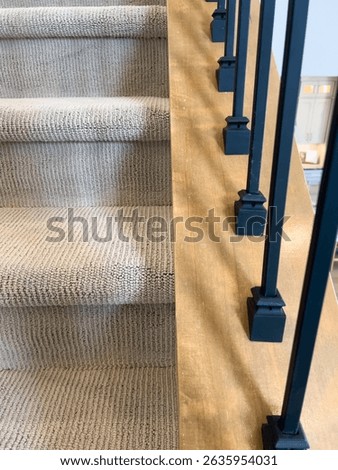 A view of beige carpeted steps bordered by natural wood and vertical black iron spindles. Great for showcasing staircase materials and residential design.