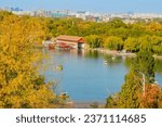 View of the Beihai lake in Beihai Park in Beijing, China in autumn.
 on a sunny day.