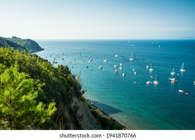 View Of Bele Skale Beach In Slovenia, Sailing Boats Near The Moon Bay, 