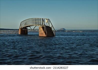 A view of the “bridge to nowhere” in Belhaven bay near Dunbar in East Lothian, Scotland. 
